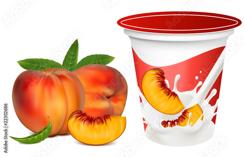 Ripe  peaches falling into the milky splash.