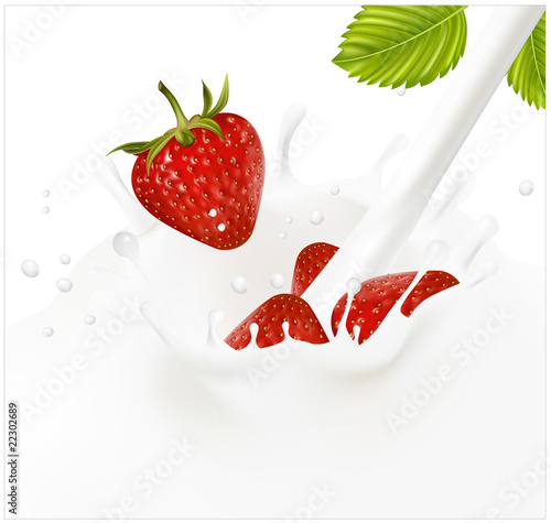 Red ripe  strawberry falling into the milky splash.