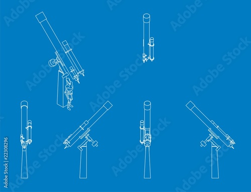 blue print style illustration of a refractor telescope