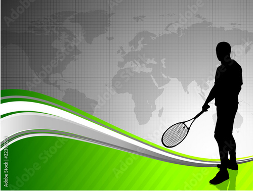 Tennis Player with World Map on Abstract Background