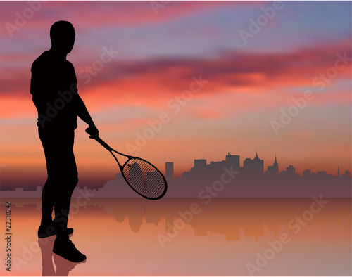 Tennis Player on Sunset Background with Skyline