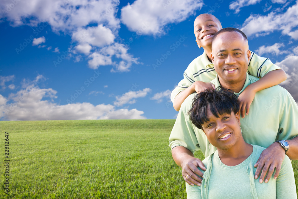 Happy Family Over Grass Field, Clouds and Sky Happy Family Over Grass Field, Clouds and Sky