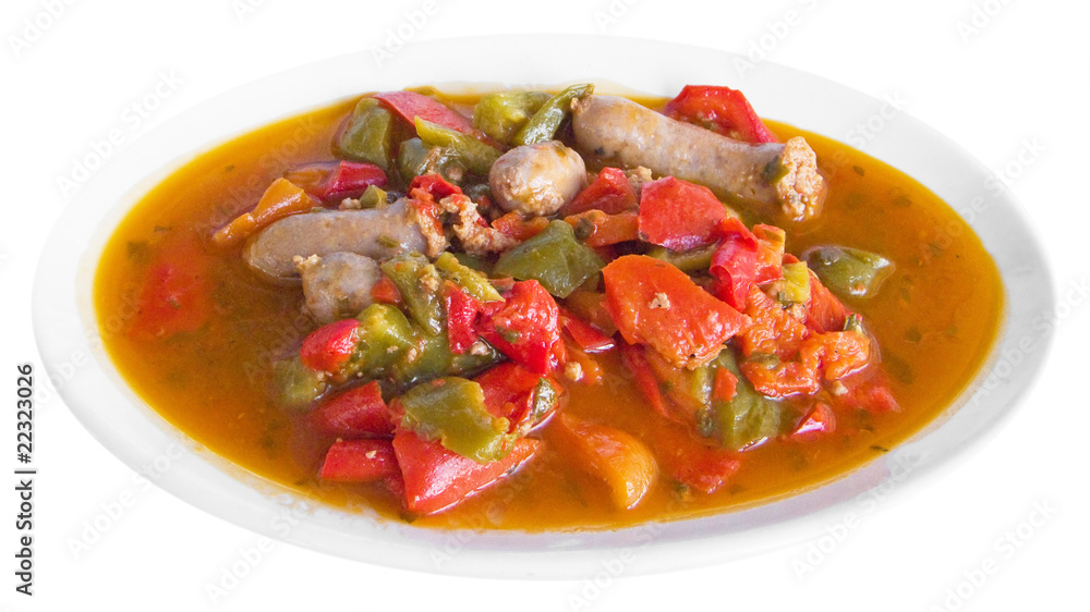 Sausages and Peppers in Tomato Sauce on white dish. Sausages and Peppers in Tomato Sauce on white dish.