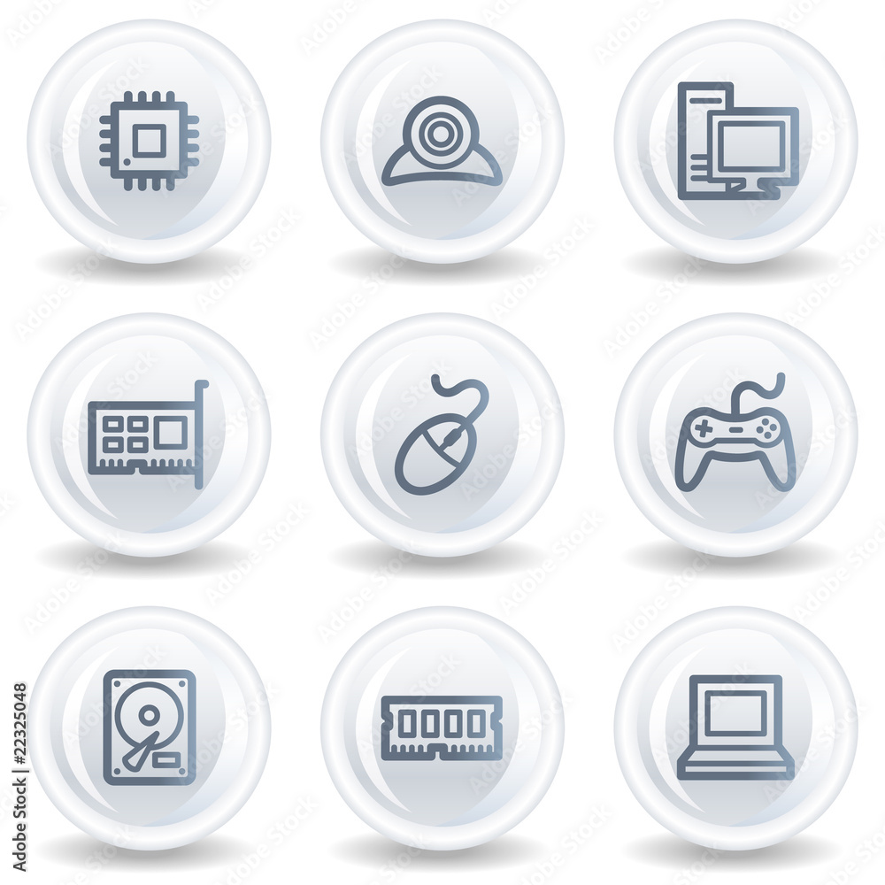 Computer web icons, white glossy circle buttons Computer web icons, white glossy circle buttons