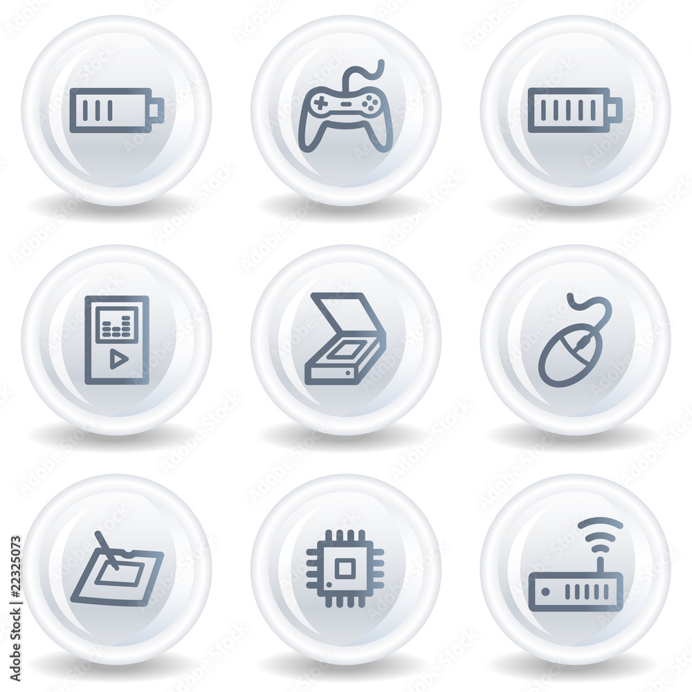 Electronics web icons set 2, white glossy circle buttons Electronics web icons set 2, white glossy circle buttons