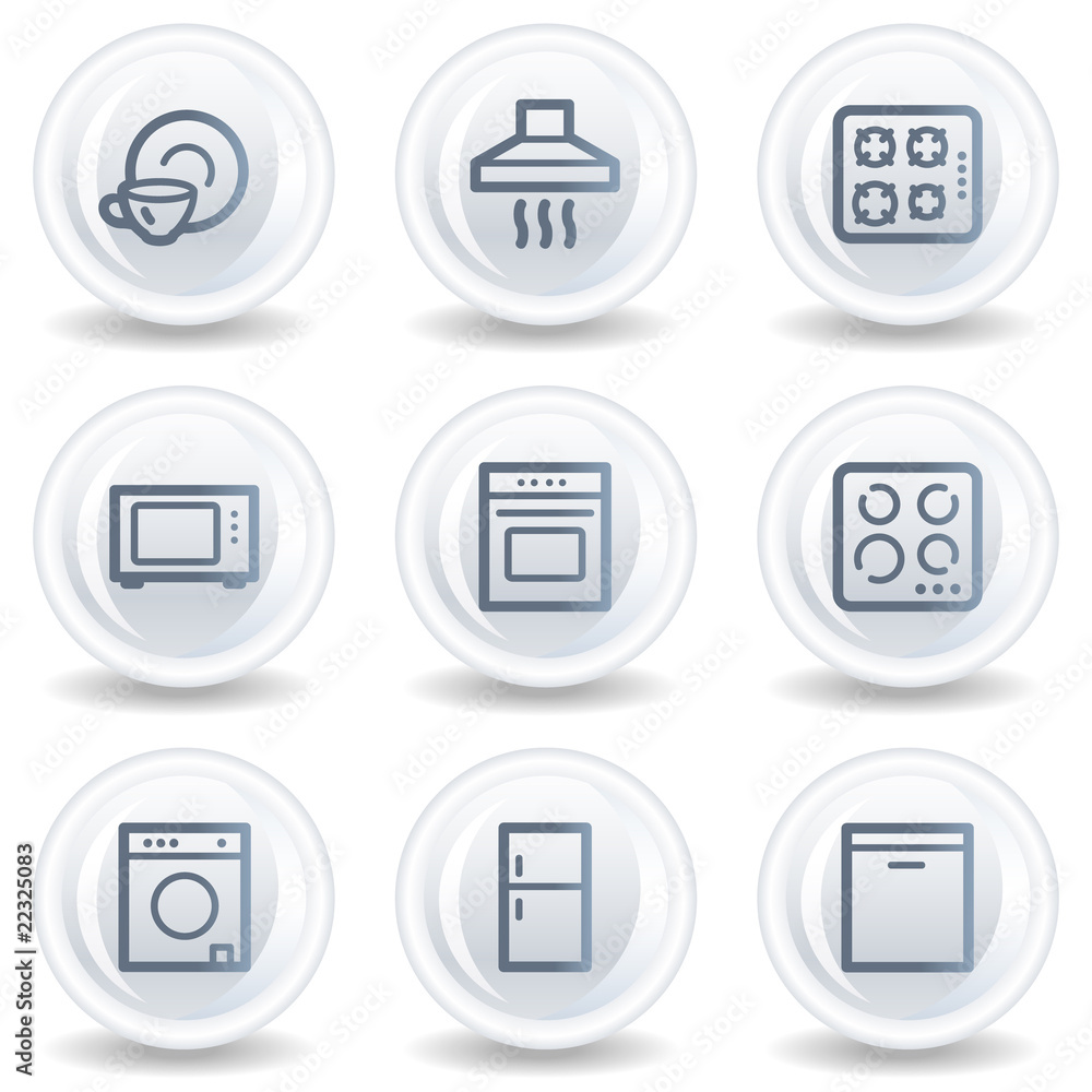 Home appliances web icons, white glossy circle buttons