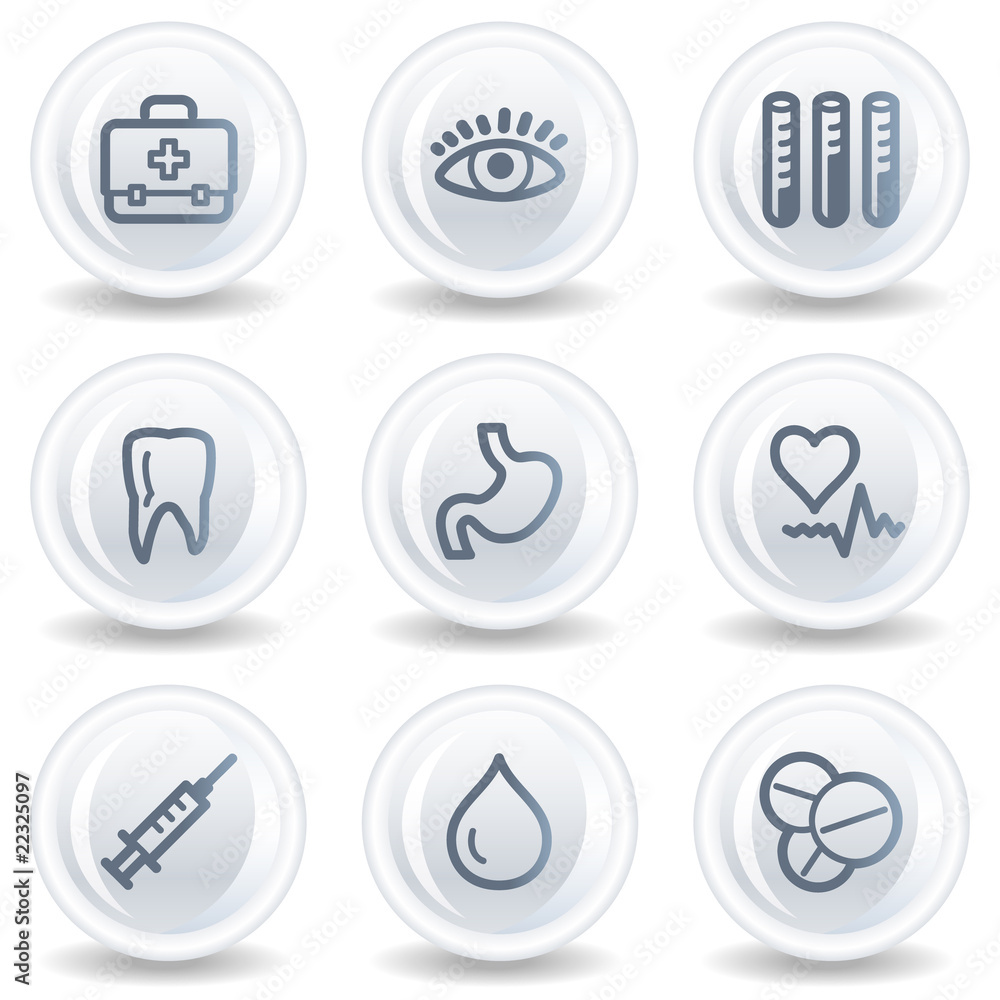 Medicine web icons set 1, white glossy circle buttons