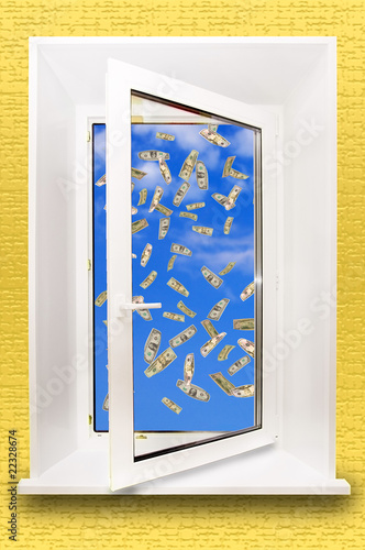Window opening to the blue sky and falling the Dollars.