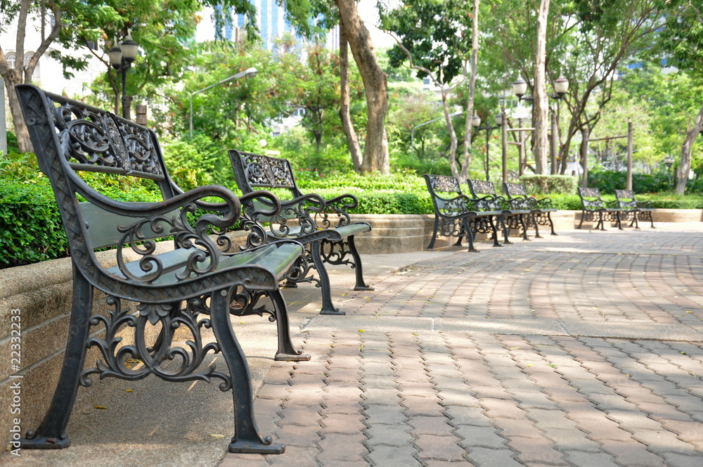 Iron bench in park, at Bangkok Thailand