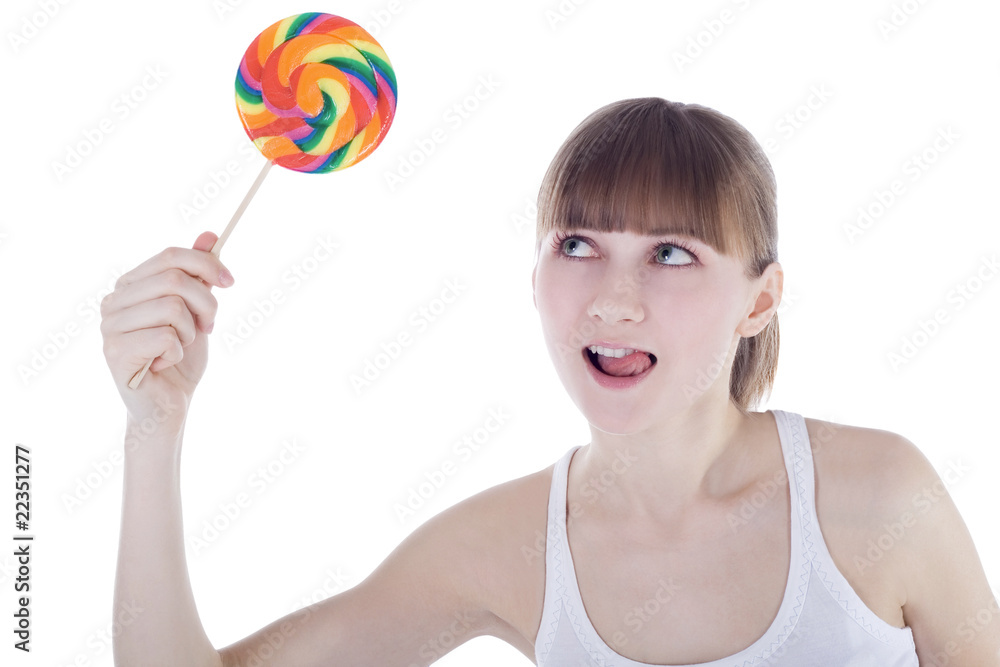 Bright picture of happy blonde with color lollipop