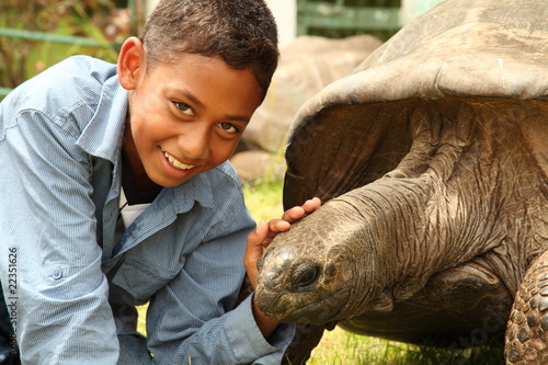 School boy visiting Jonathan the giant tortoise on St Helena