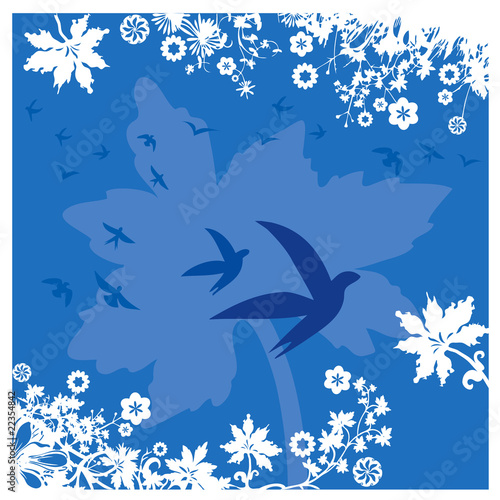 Fond Bordure Feuillage Fleurs et Oiseaux en Bleu