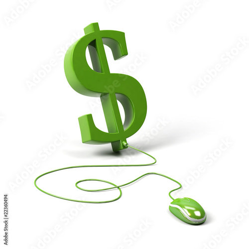 Dollar symbol connected to a computer mouse. 3d image.