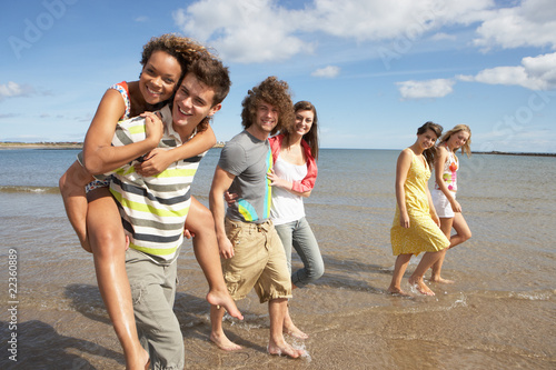 Group Of Young Friends Walking Along Summer Shoreline