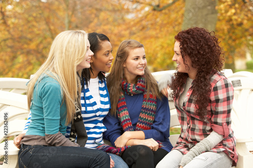 Group Of Four Teenage Girls Sitting And Chatting On Bench In Aut © micromonkey