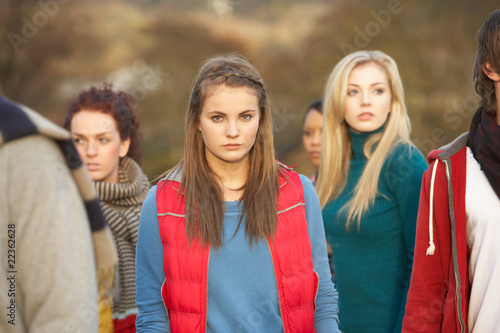 Teenage Girl Surrounded By Friends In Outdoor Autumn Landscape photo