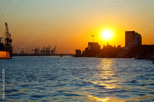 Sunset in the port of Hamburg