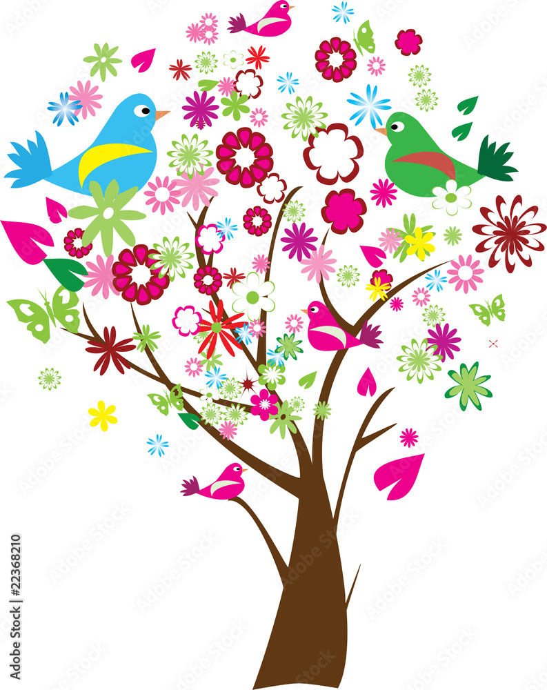 floral tree with birds