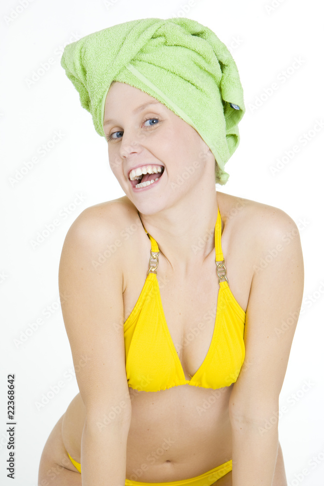 portrait of woman with towel on head