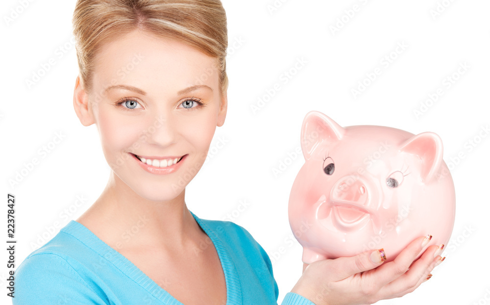 lovely woman with piggy bank lovely woman with piggy bank