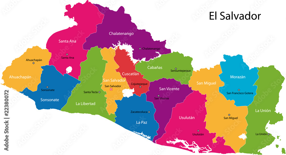 Map of the Republic of El Salvador with the departments