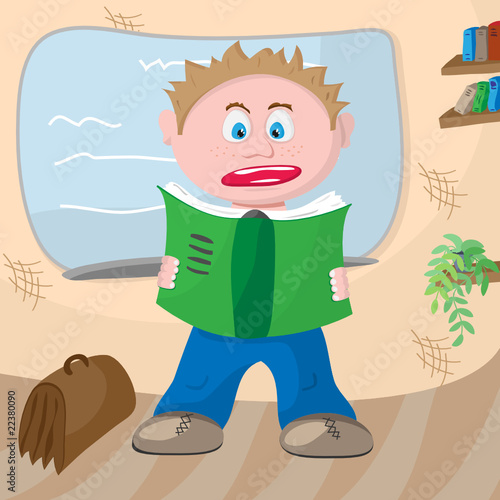 Frightened student with a notebook in hand near board