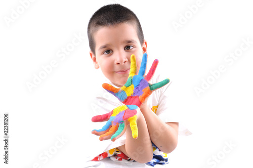 Little boy with painted hands
