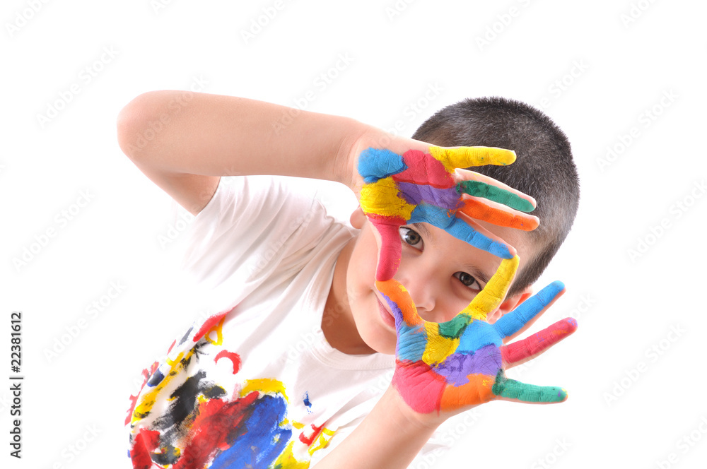 Happy kid with paints on hands framing Happy kid with paints on hands framing