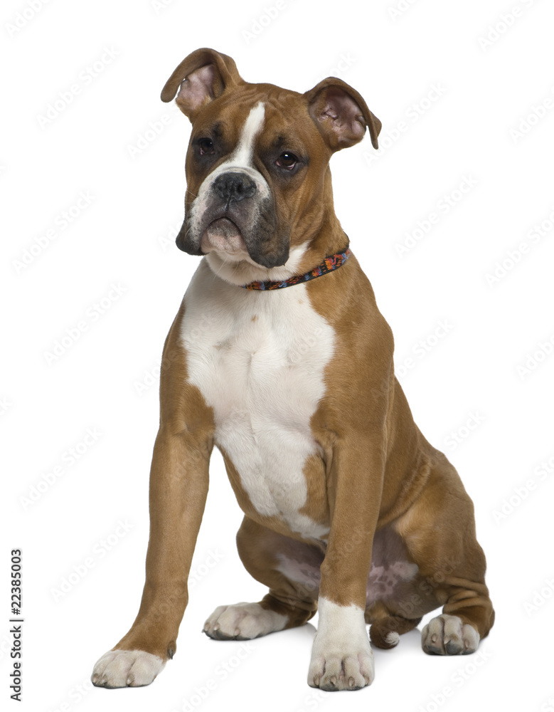 Boxer, 5 months old, sitting in front of white background
