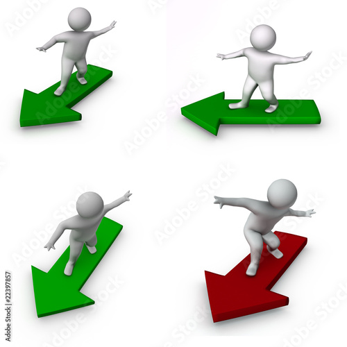set of 3d man surfing on arrow
