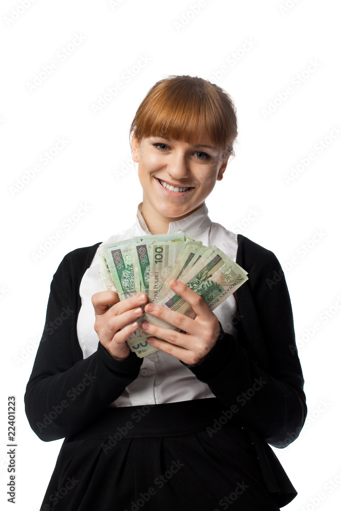 Beautiful girl with a pack of Poland money in a hand Beautiful girl with a pack of Poland money in a hand