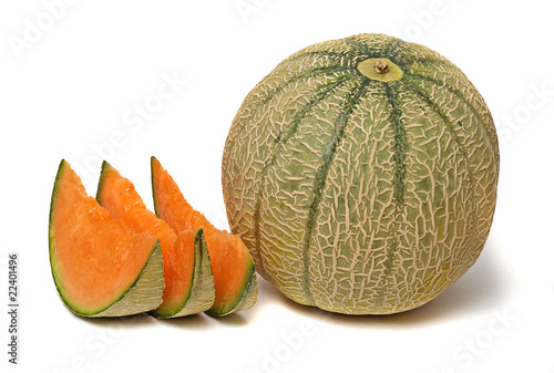 melon and three segments isolated on white background