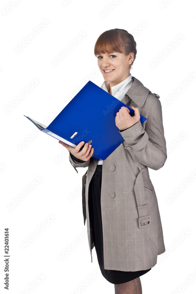 Businesswoman with book in black suit isolated on white Businesswoman with book in black suit isolated on white