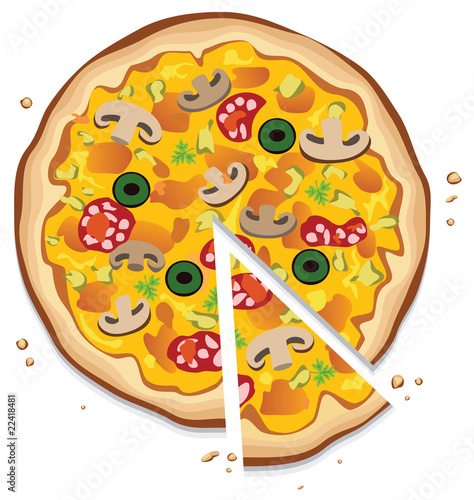 vector italian pizza with a slice, on white background
