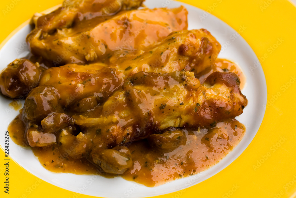 Hühnerbraten mit Kastanien und Rahmsoße,überbacken Hühnerbraten mit Kastanien und Rahmsoße,überbacken