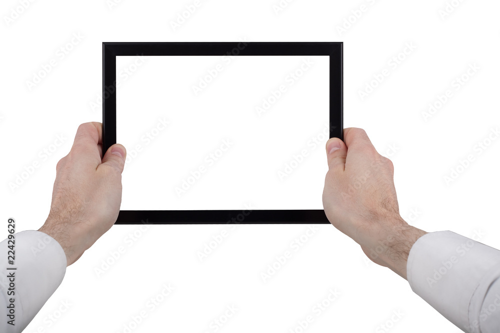 male hands holding a touchpad pc, isolated on white