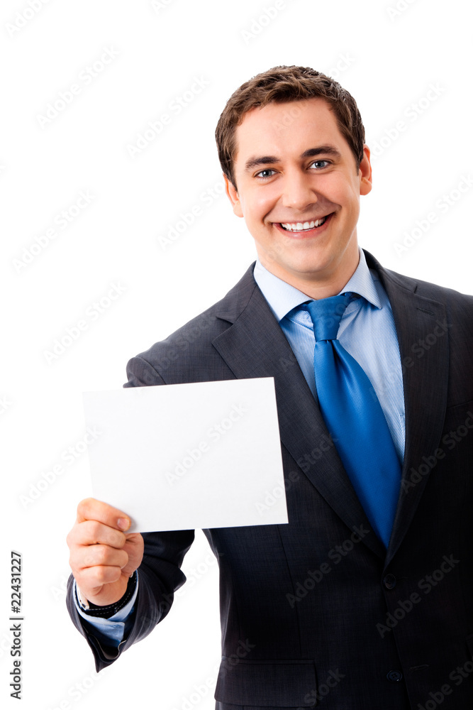 Young businessman showing signboard, isolated on white Young businessman showing signboard, isolated on white