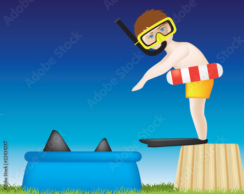 boy diving into pool of sharks