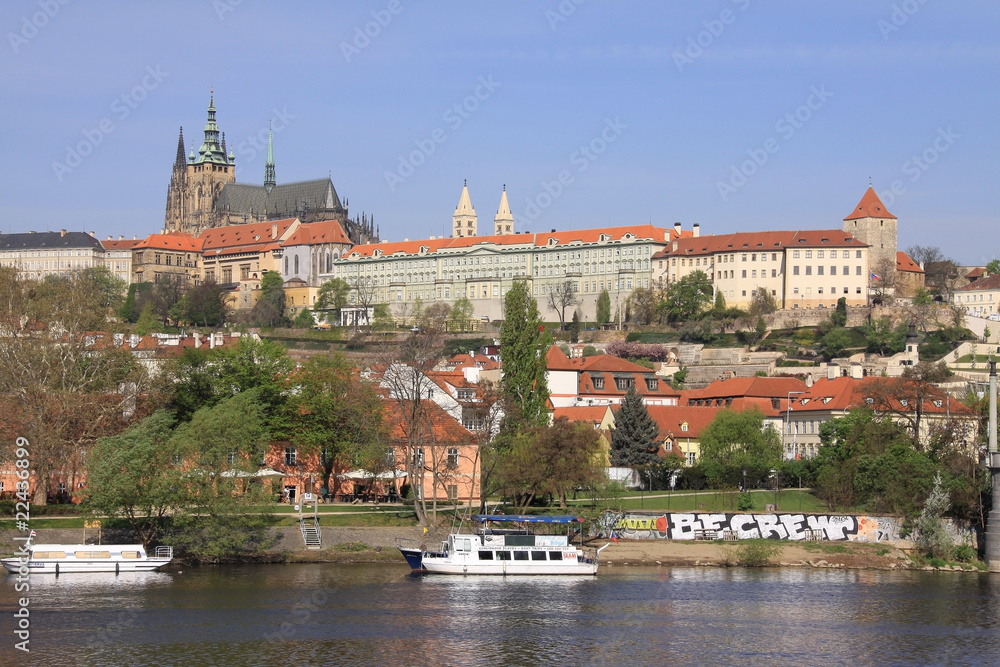 Spring Prague's gothic Castle above River Vltava