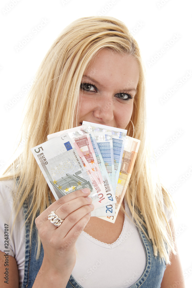 Young woman with euro money over white background Young woman with euro money over white background