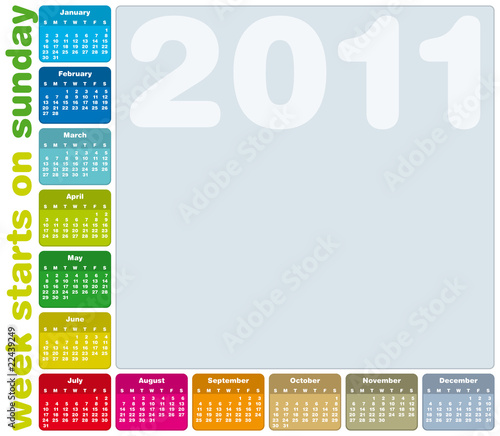 Colorful Calendar 2011, , week starts on Sunday