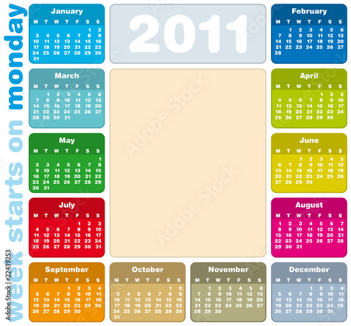 Colorful Calendar 2011, week starts on Monday