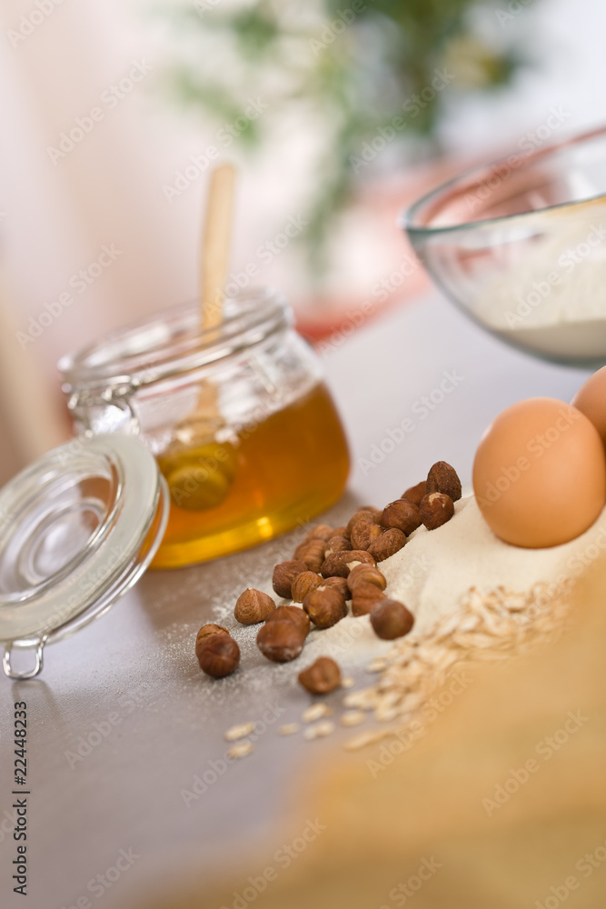 Baking dough ingredients, honey, eggs, flour Baking dough ingredients, honey, eggs, flour