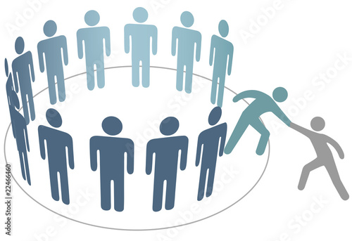 Helper helps friend join group of people members company