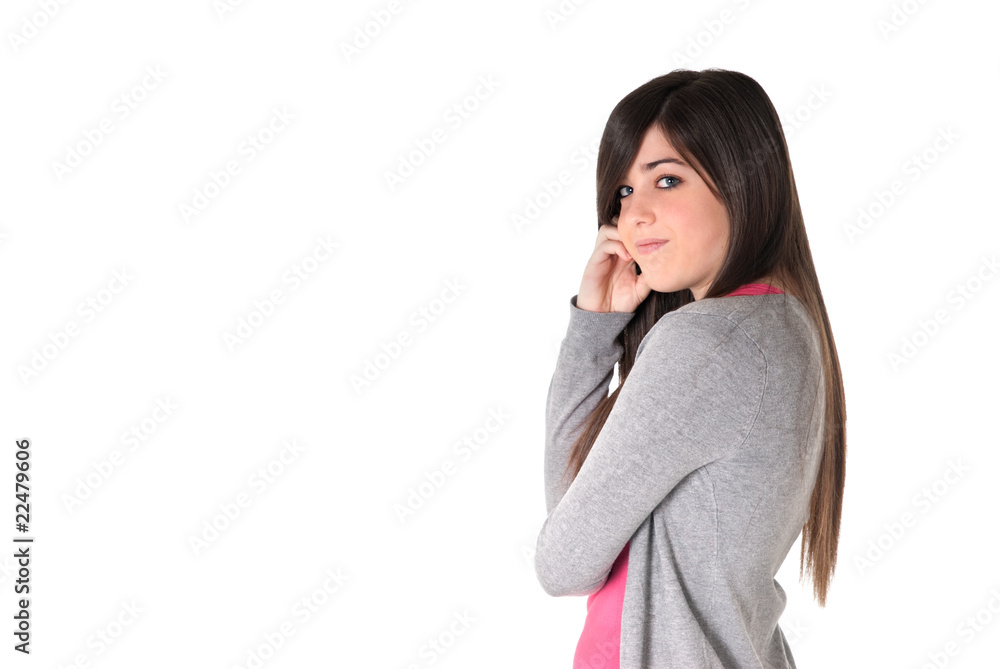 Young female cheerful side body isolated on white background. Young female cheerful side body isolated on white background.