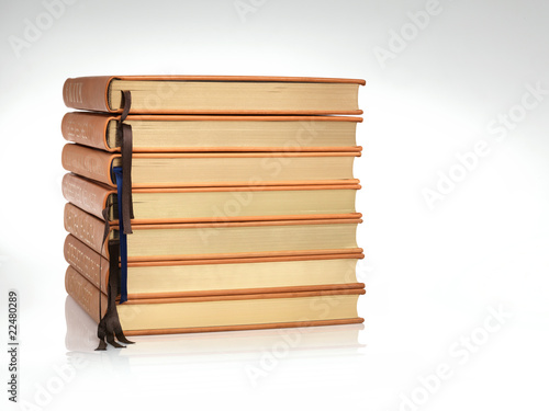Stack of books with leather binding and gilt edging