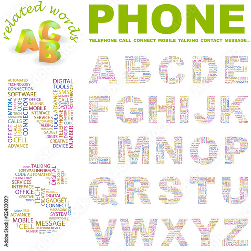 PHONE. Wordcloud alphabet with different association terms.