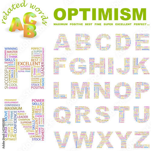 OPTIMISM. Wordcloud alphabet with different association terms.