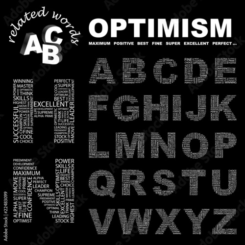 OPTIMISM. Alphabet. Illustration with association terms.