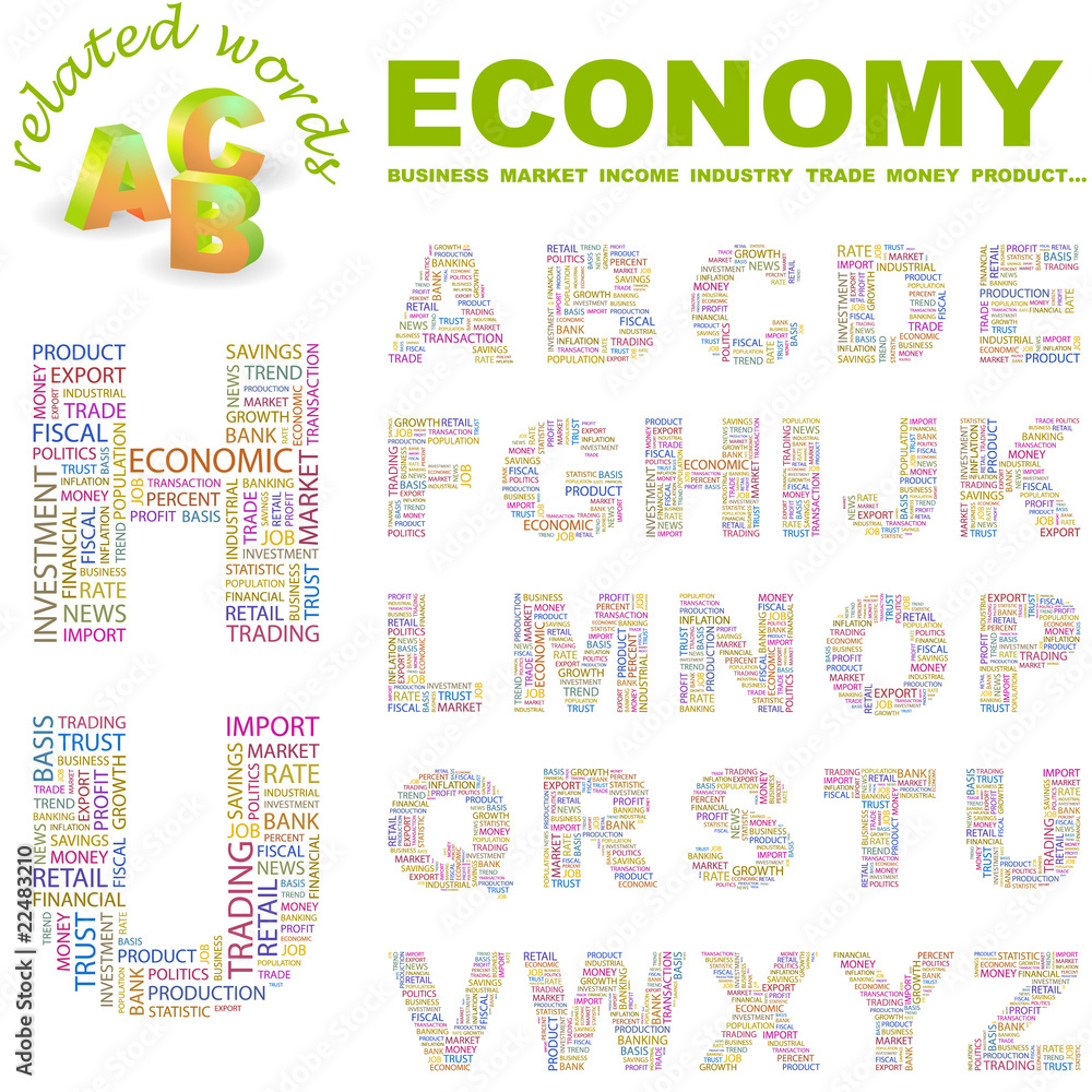ECONOMY. Wordcloud alphabet with different association terms. ECONOMY. Wordcloud alphabet with different association terms.